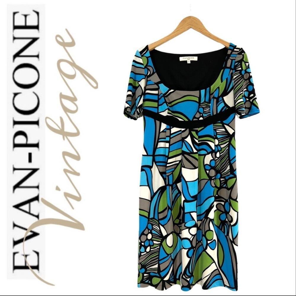 EVAN PICONE VTG scoop neck Mod Print Aqua Black & Gray Empire Waist Dress SZ 4